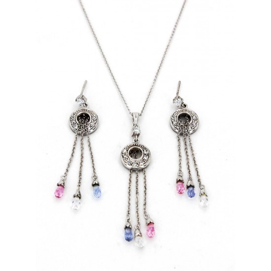Sterling Silver Dangling Crystal Necklace and Earring Set - NE-E147MIX